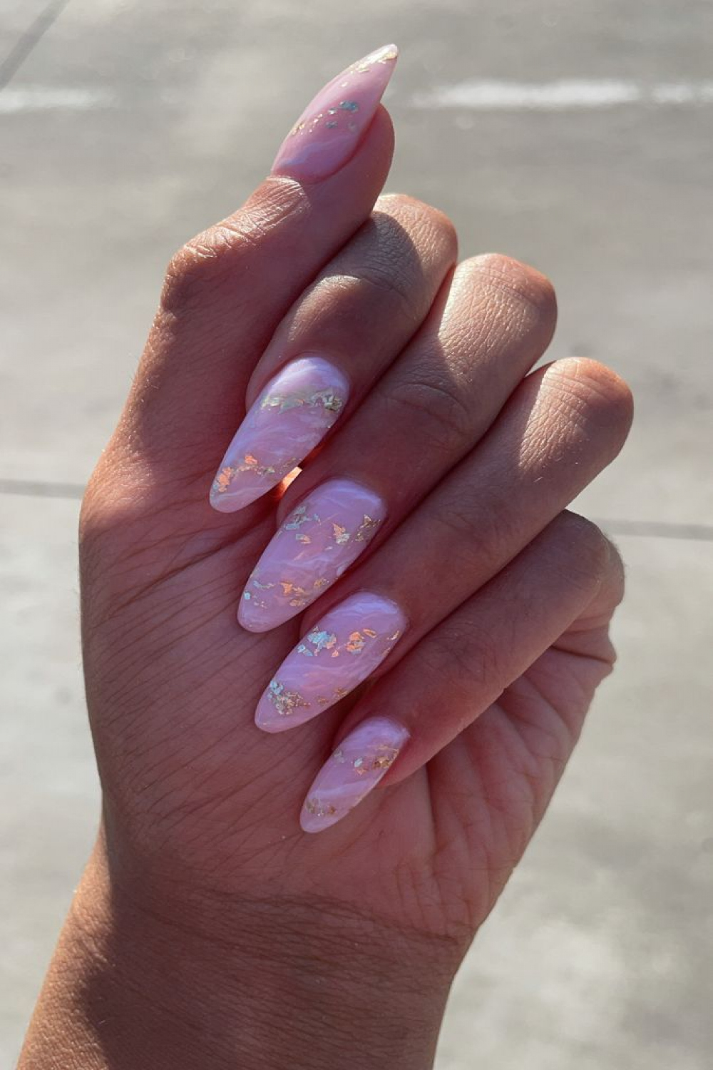 Pink and gold marble almond nails  Almond nails pink, Almond