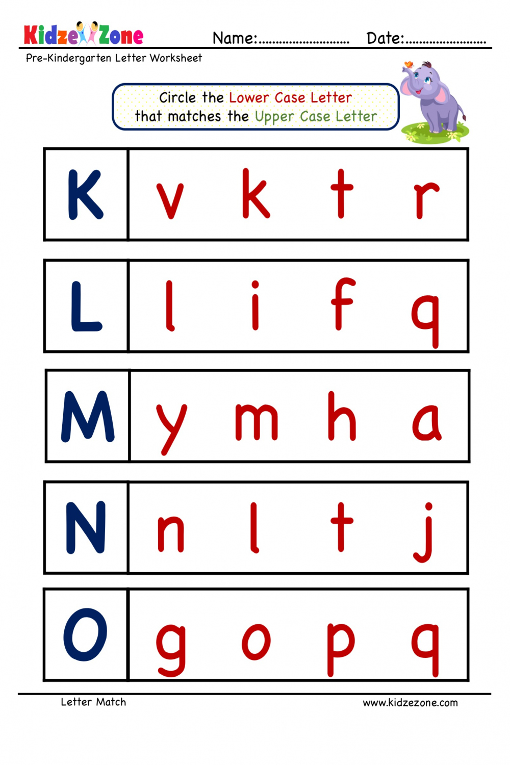 Preschool Letter Matching Upper Case to Lower Case Worksheet