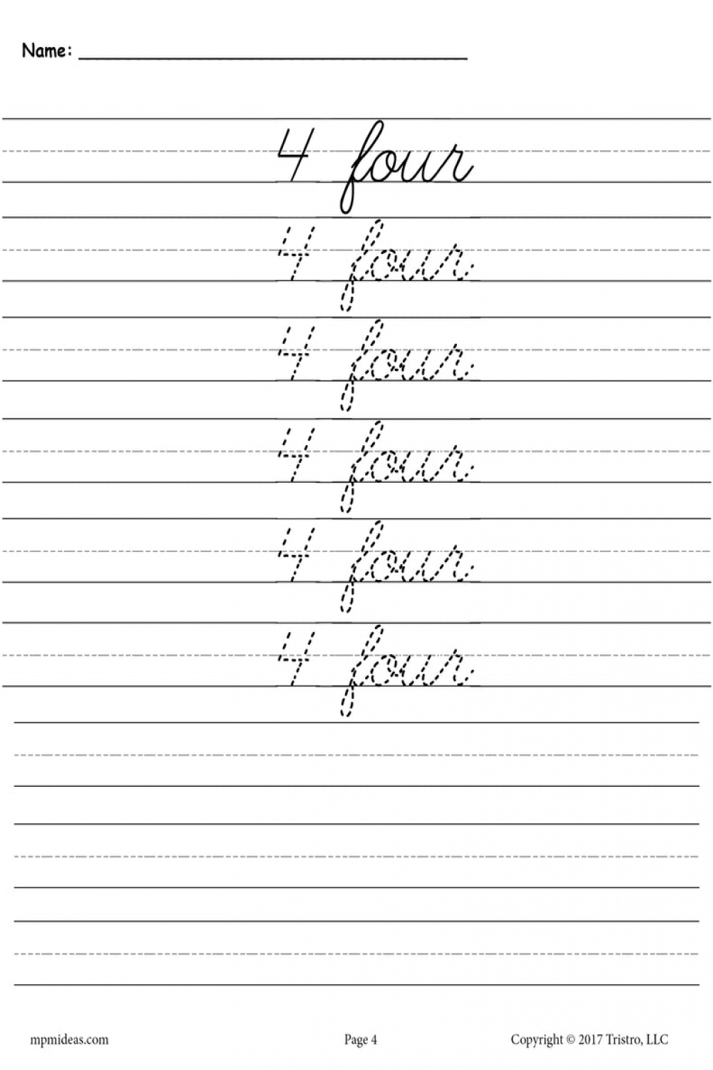 Printable Number Four Cursive Handwriting And Tracing Worksheet