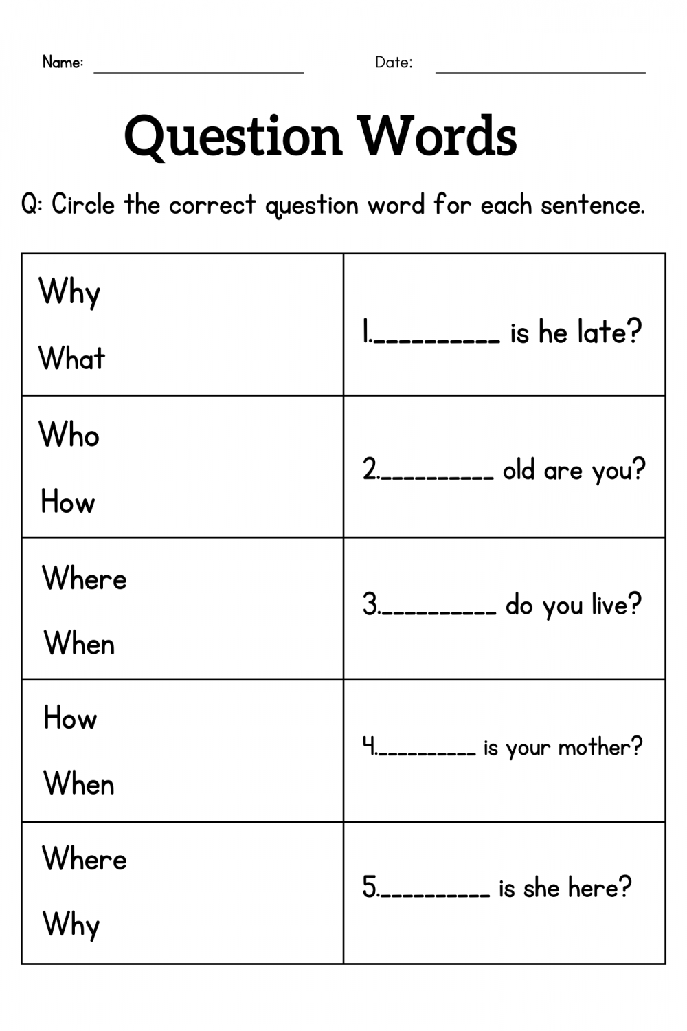 question words worksheet for grade  or  - wh questions exercises for kids