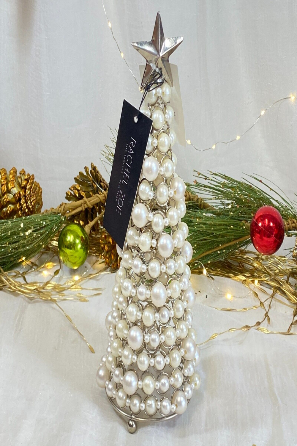 Rachel Zoe Silver Metal Christmas Holiday Winter Tree Faux Pearl