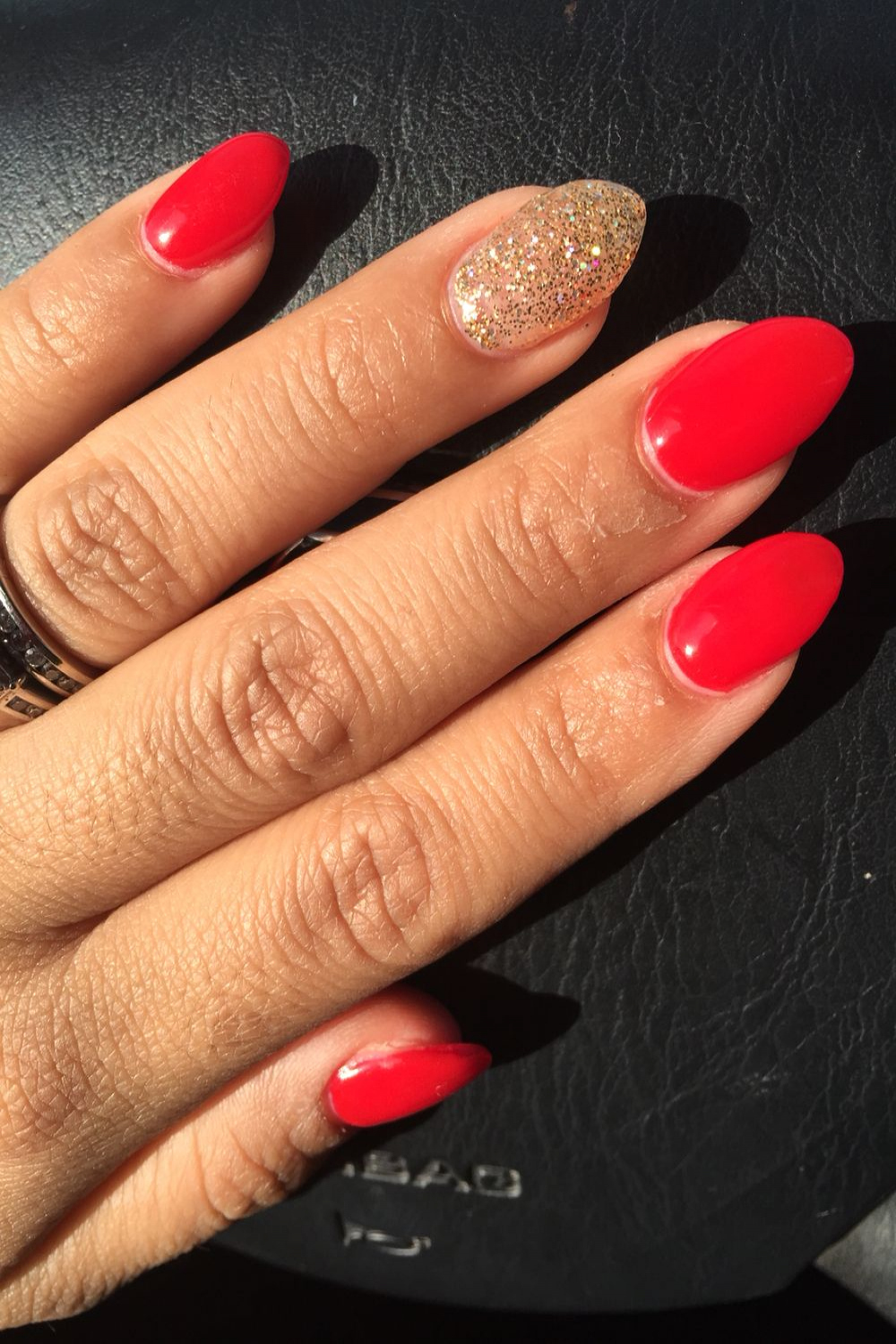 Red and gold on point!! Almond shape nail  Quinceanera nails