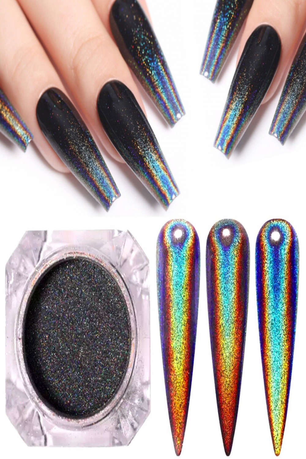 Schwarz holographisch glänzend Nagelpulver Einhorn Chrom Regenbogen Effekt  schim