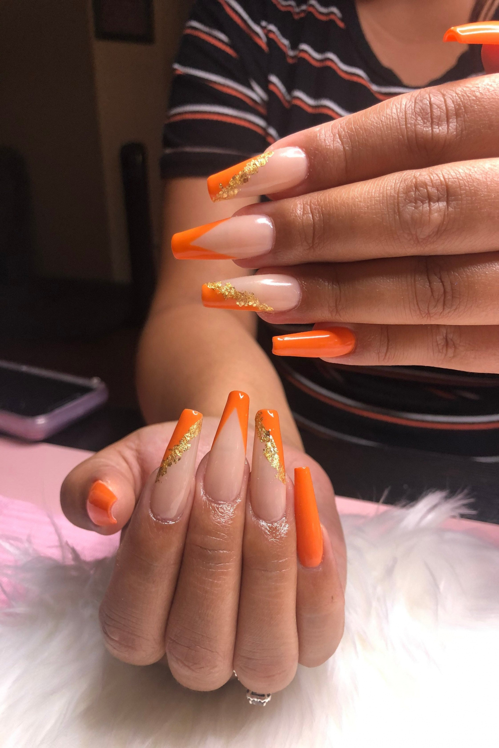 Sexy Orange Long Coffin Gold Flakes Fake Nails Press - Etsy