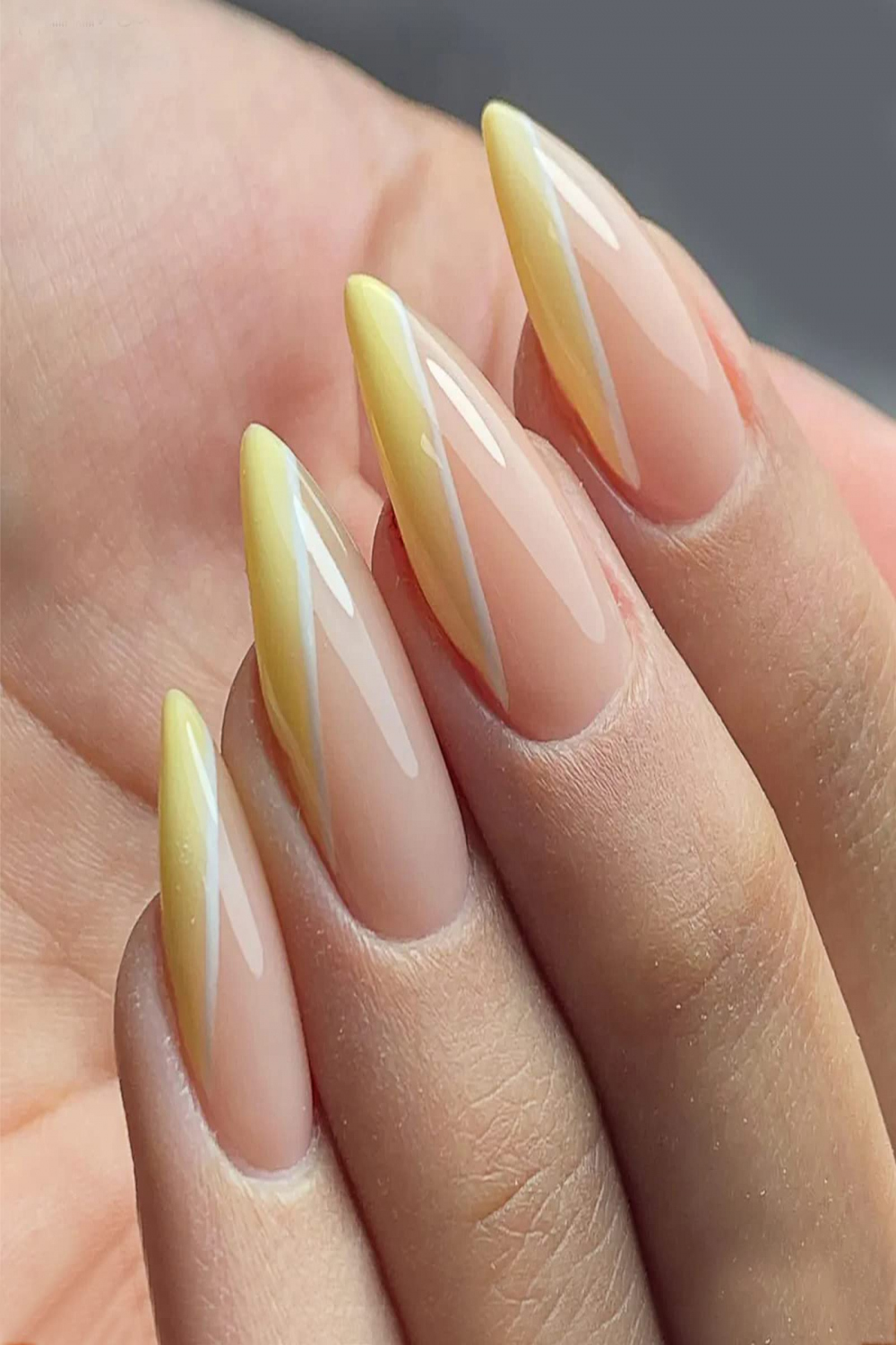 SINHOT French Tip Press on Nails Medium Almond Fake Nails Yellow Stiletto  Acrylic Nails Glossy Glue on Nails White Line Designs with Full Cover