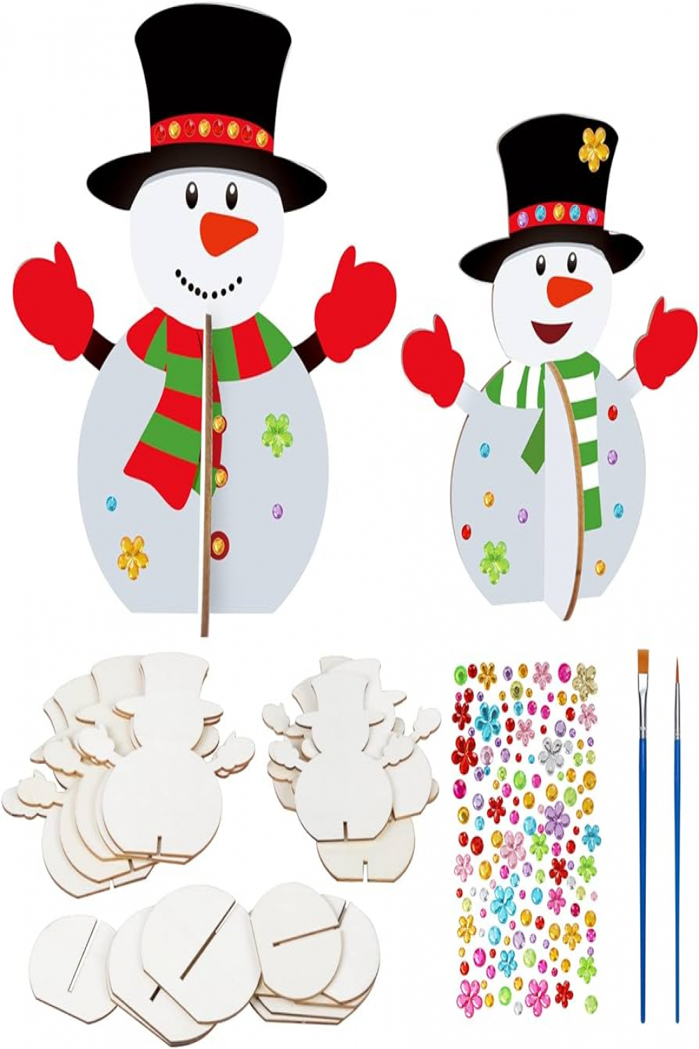 SUNYOK Pack of  Snowman Wooden Craft Set Children Christmas Wooden D  Snowman for Painting with Brush Christmas Craft Sets Wooden Colour Crafts