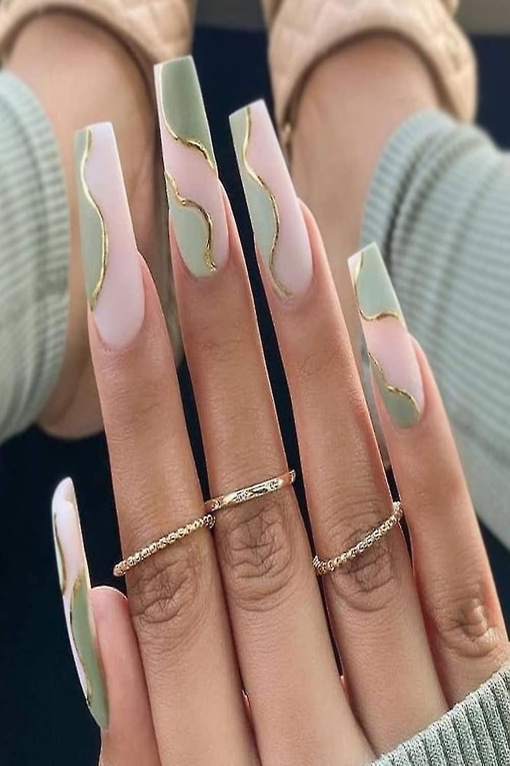 Szcc Matte Press On Nails Long Square Shape Nude Glue On Nails Gold Stripes  Green Splicing Pattern Full Cover Cute Fake Nails Designs Acrylic Nails