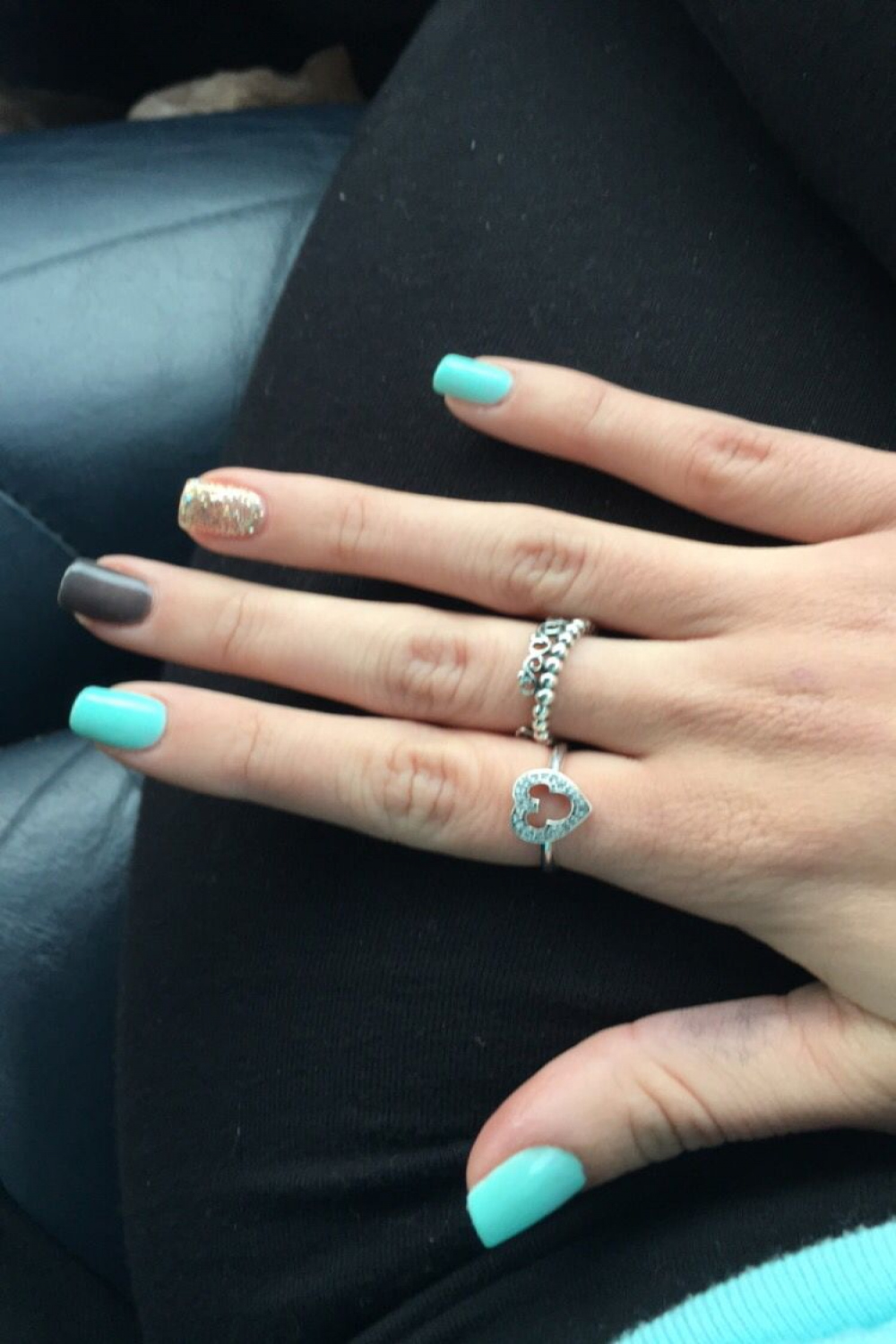 Three color nails: teal, grey, and sparkly accent  Teal nails