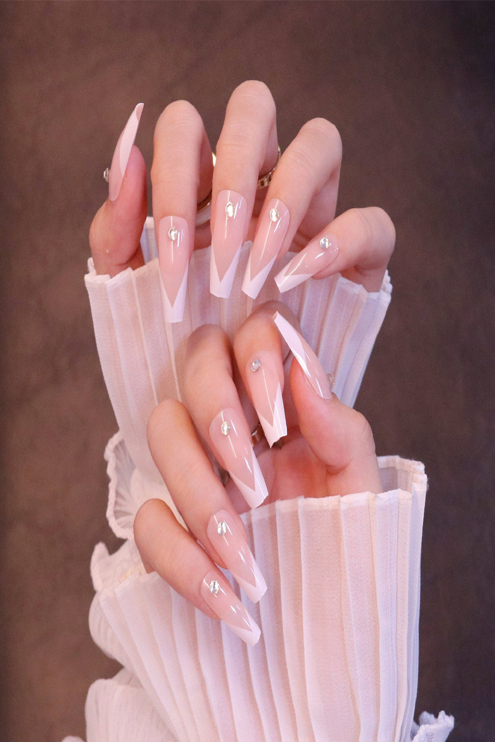 Trendy Baby Pink with Shiny Pearls French Tip Luxury Press on