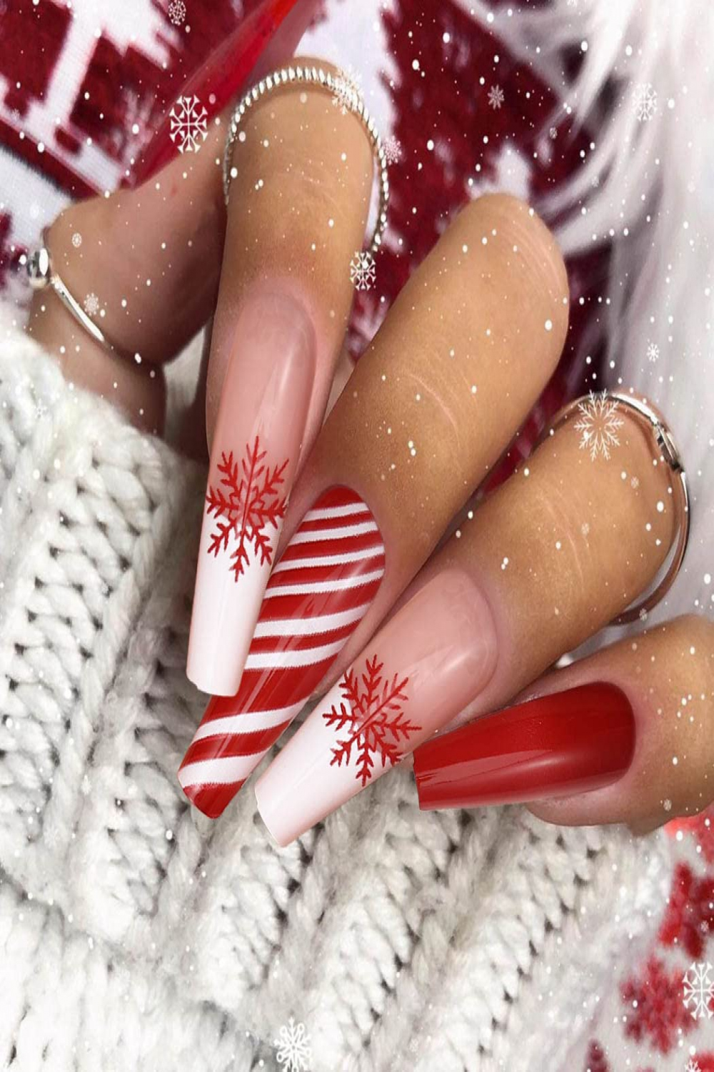 Uranian Christmas Press on Nails Red Long Fake Nails Coffin Snowflake  Stripes Glossy False Nails Designs Santa Claus Elk Glitter Stick on Nails  Full