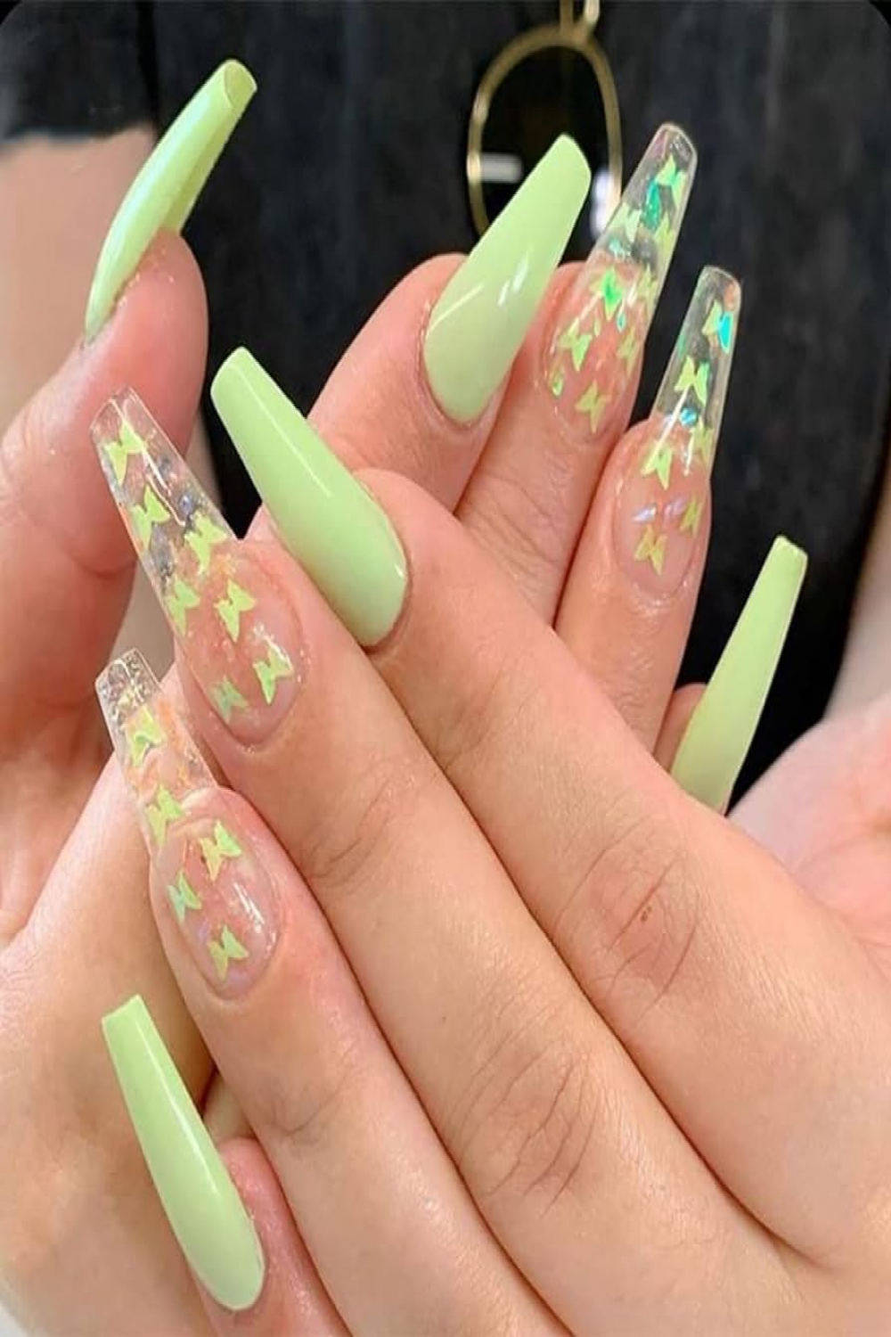 VEBONNY Light Green Long Coffin Press on Nails Spring Green Ballerina Fake  Nails Transparent Acrylic Nails with Butterfly Design VEBONNY FN-LT