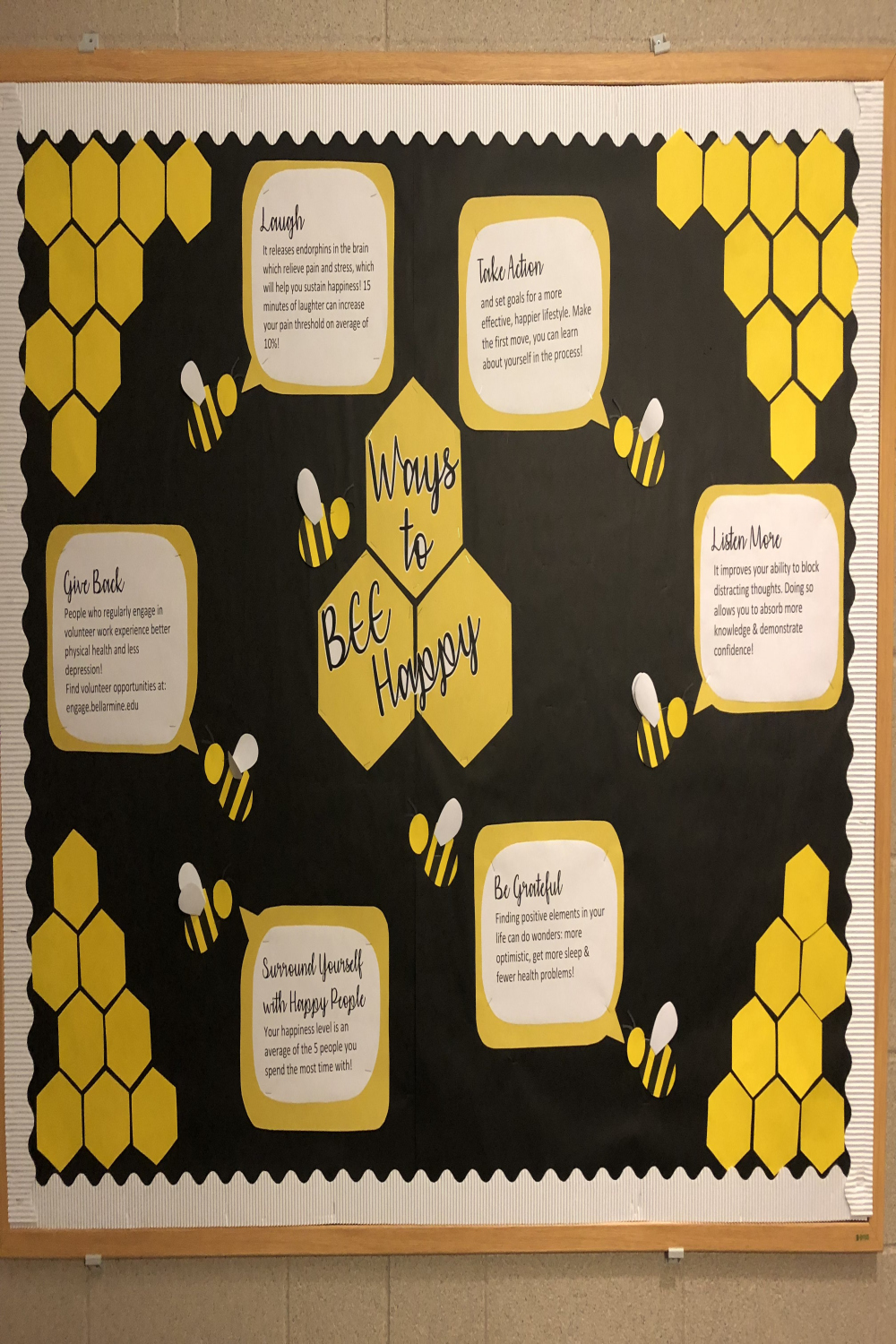 Ways to BEE Happy - Bee themed RA bulletin board, Well-Being