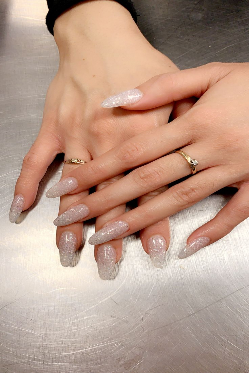 White glitter almond nails  White and silver nails, White sparkly