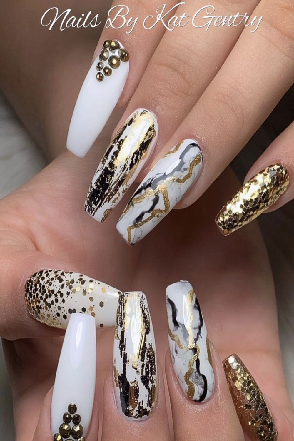 White Gold Nails  White nails with gold, Nail designs bling, Gold