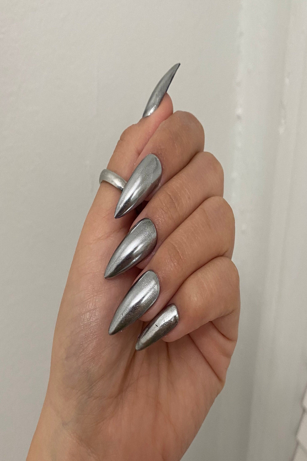 YK Platinum Silver Molten Chrome Nails  Gel X  Shiny Finish  Any Shape