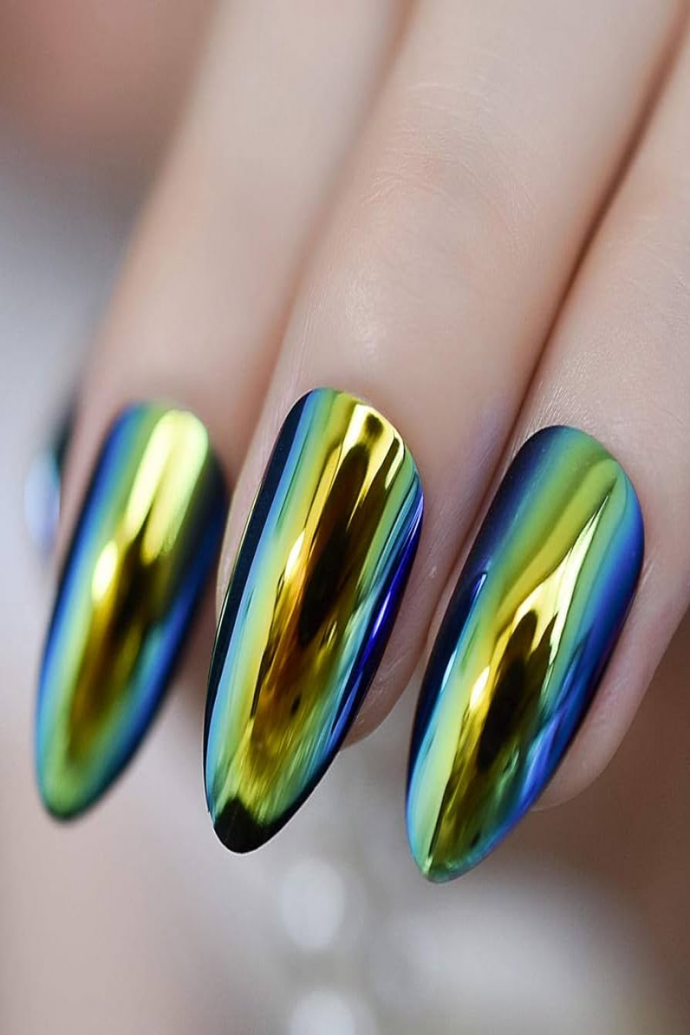 ZYSS® False Nails Yellow Shiny Chrome False Nails High Heels Beautiful  Holographic Mirror Acrylic False Nails ABS with Stickers