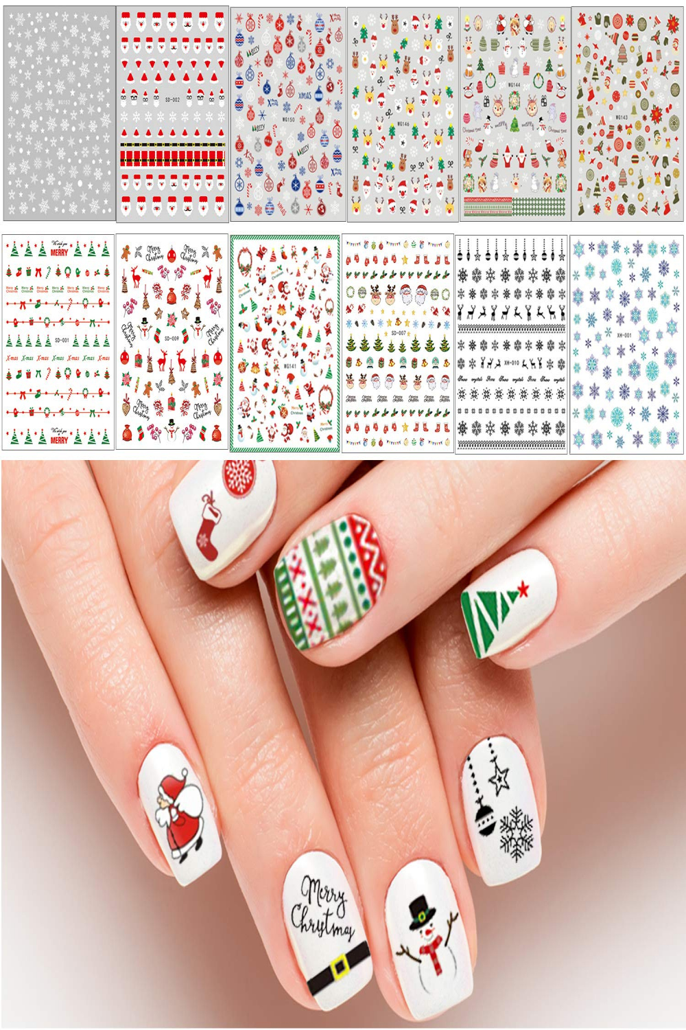 Adurself + Patterns Christmas Nail Art Decals Xmas D Nail  Self-Adhesive Stickers Santa Claus Reindeer Snowflakes Snowmen Christmas  bells for