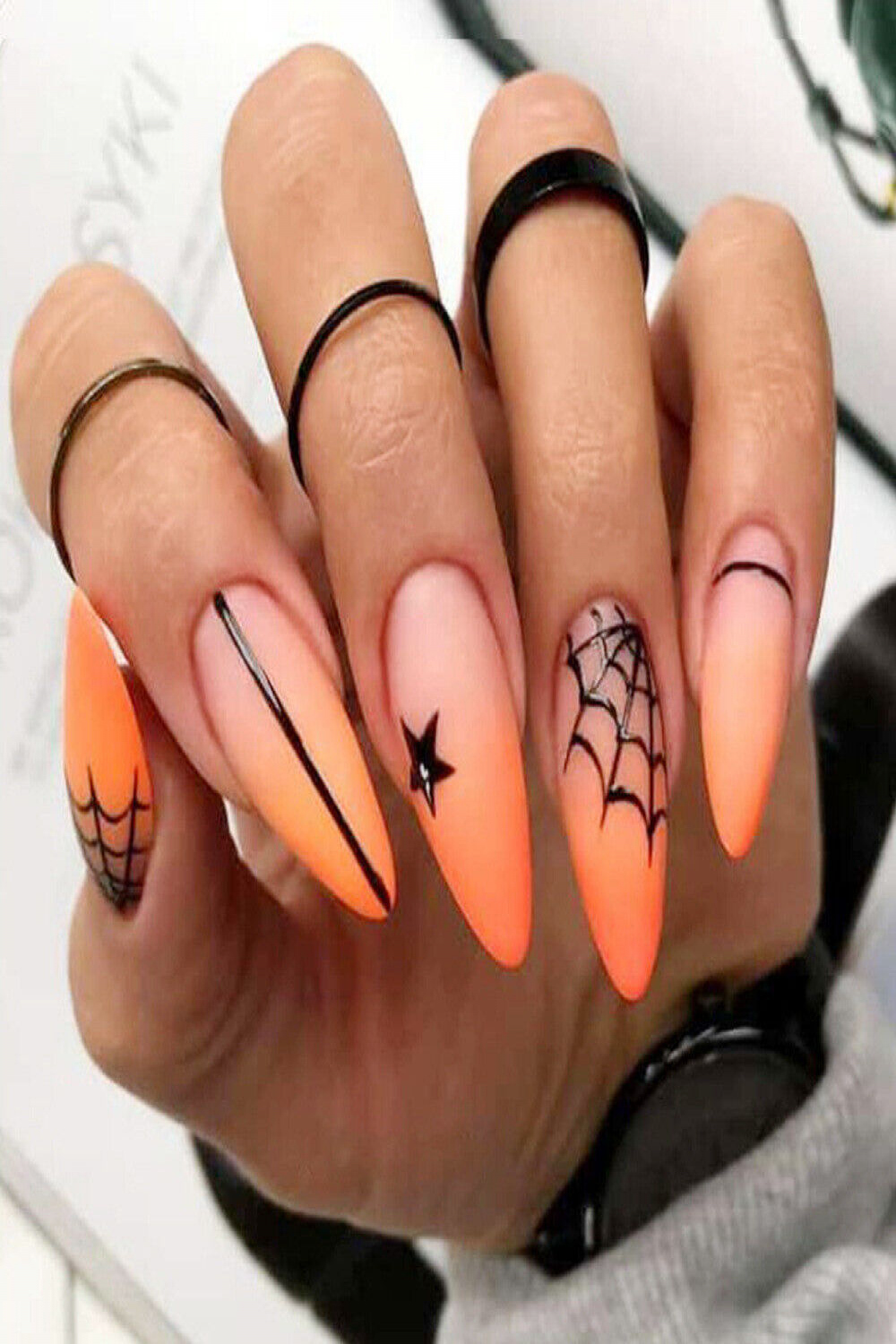 Almond Long Fake Nail Orange Halloween Press on Nails for Girls