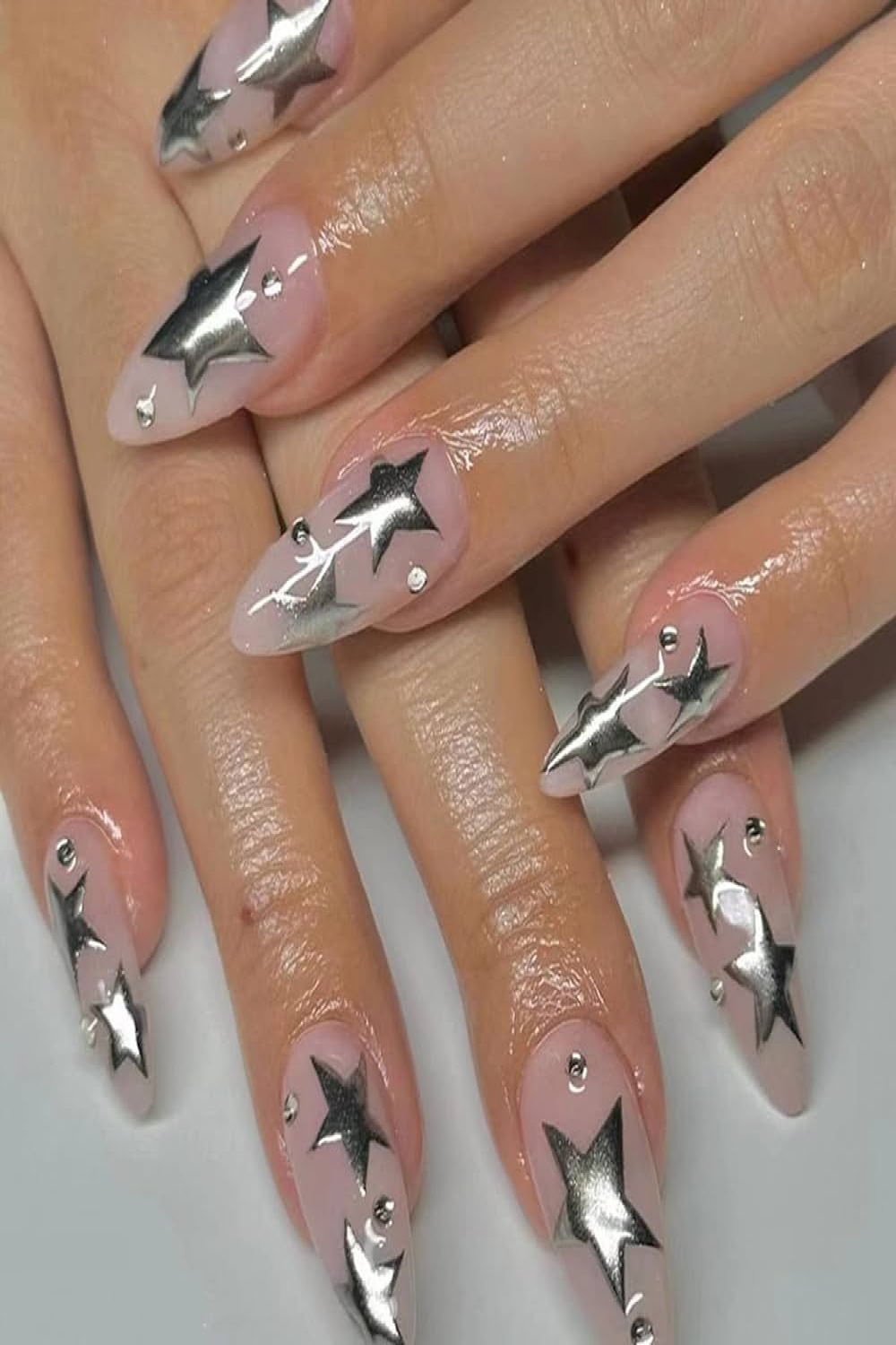 Almond Press on Nails Medium Fake Nails Silver Stars False Nails Full Cover  Glue on Nails with Rhinestones Design Glossy Nude Acrylic Nails for Women