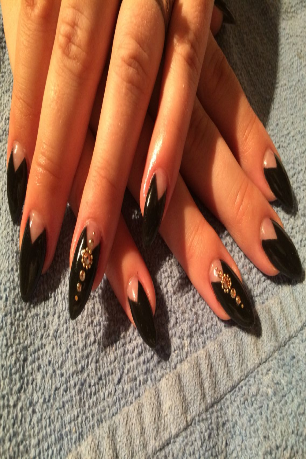 Almond shape nails, black with jewels  Trendy nail design, New