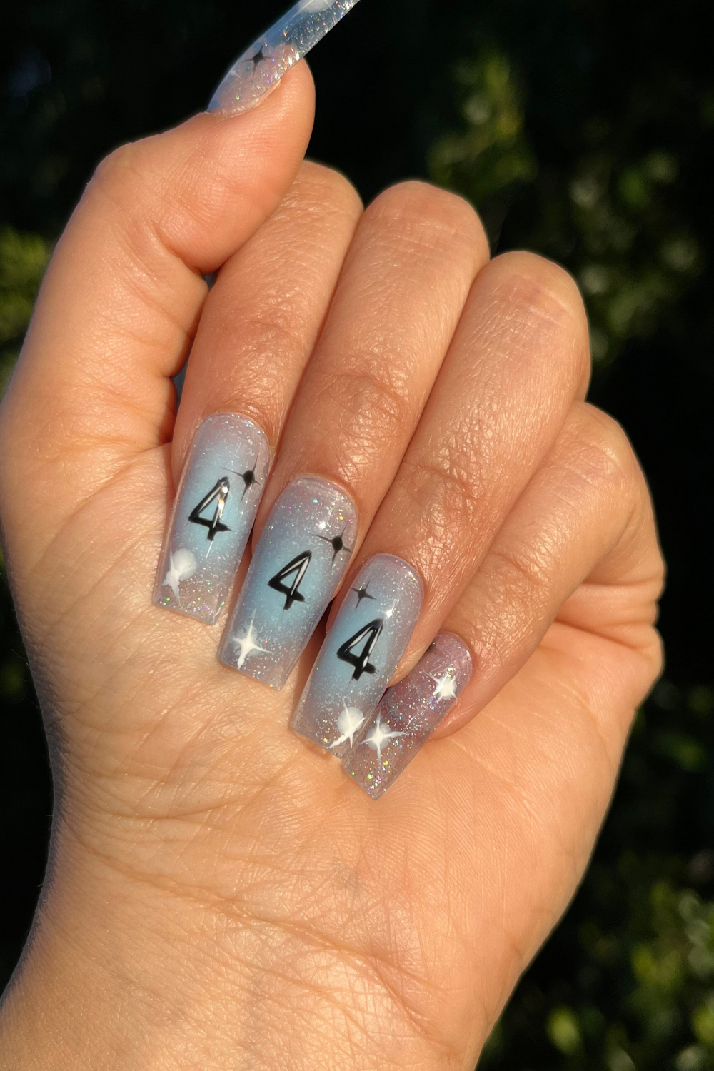 Angel numbers, , press on nails, blue jelly nails, blue nails, trendy  nails, glitter nails, yk nails, airbrush nails, luxury nails,