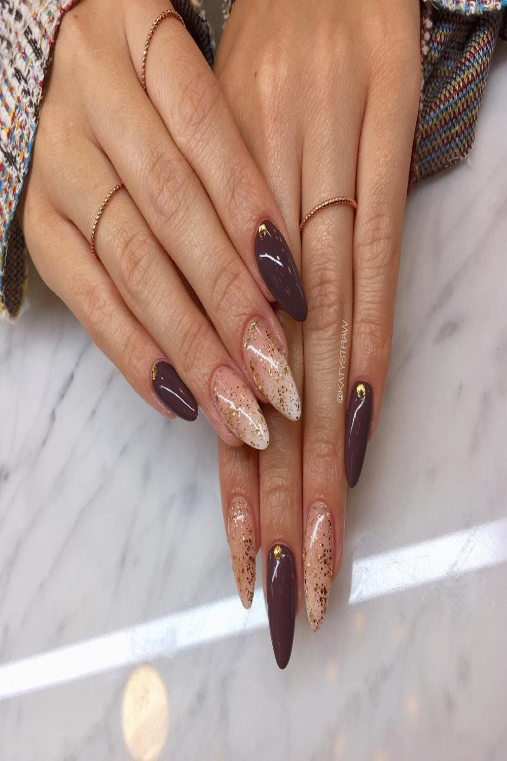 Autumn almond shaped acrylic nails with a gorgeous chocolate