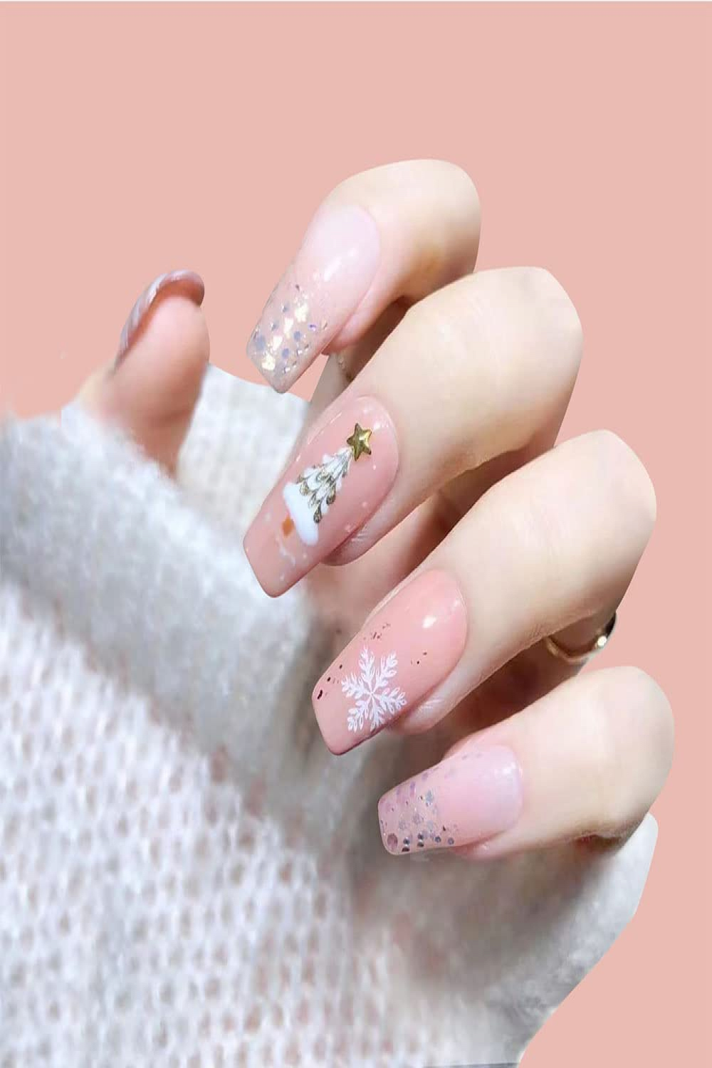 Christmas Pink Press on Nails Christmas Coffin Fake Nails Medium Length  with Snowflakes Christmas Tree Design Short Square Acrylic Fake Nails With