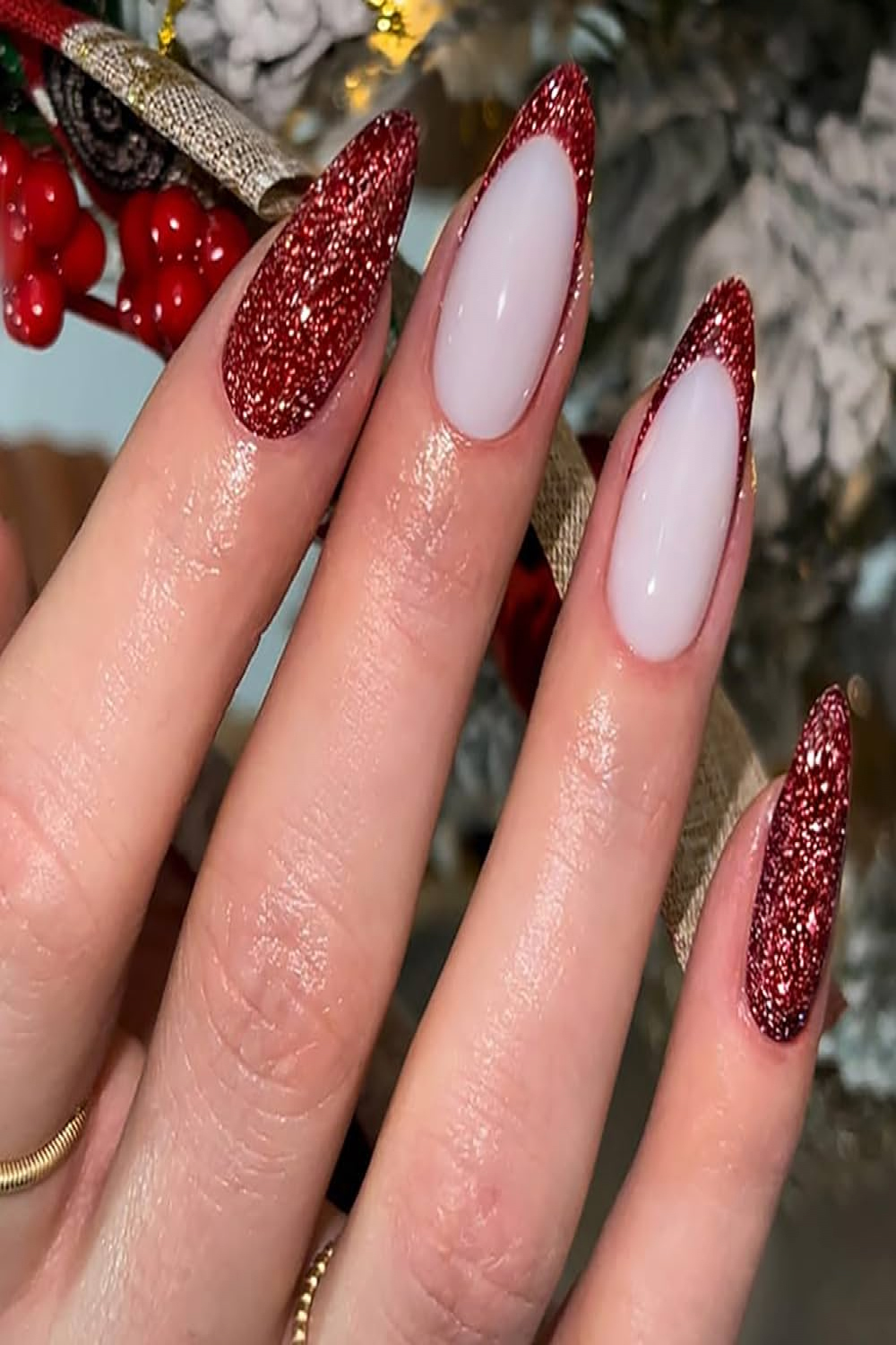 Christmas Press on Nails Medium Almond SWEKKE French Winter Fake Nails  Glitter Wine Red Full Cover Glue on Nails Glossy False Nails with Nail Glue