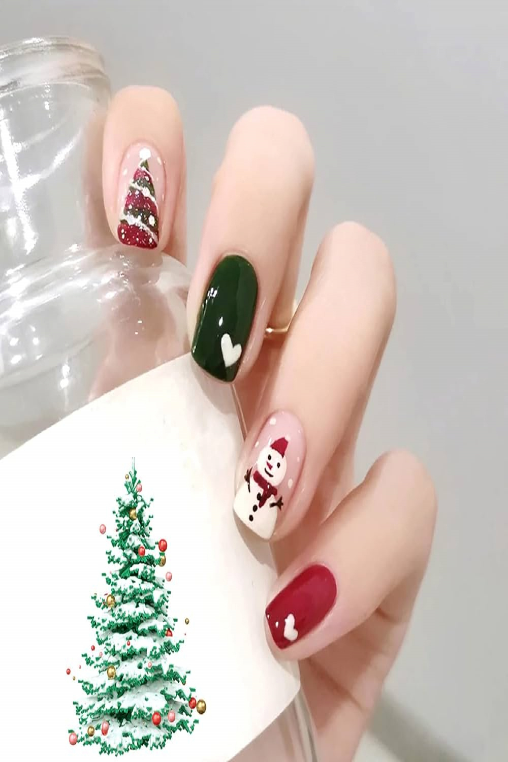 Christmas Press on Nails Short:  PCS Christmas Tree Design Fake Nails  Cute False Nails with Glue Acrylic Nails Art Stick on Nails Full Cover  Snowman