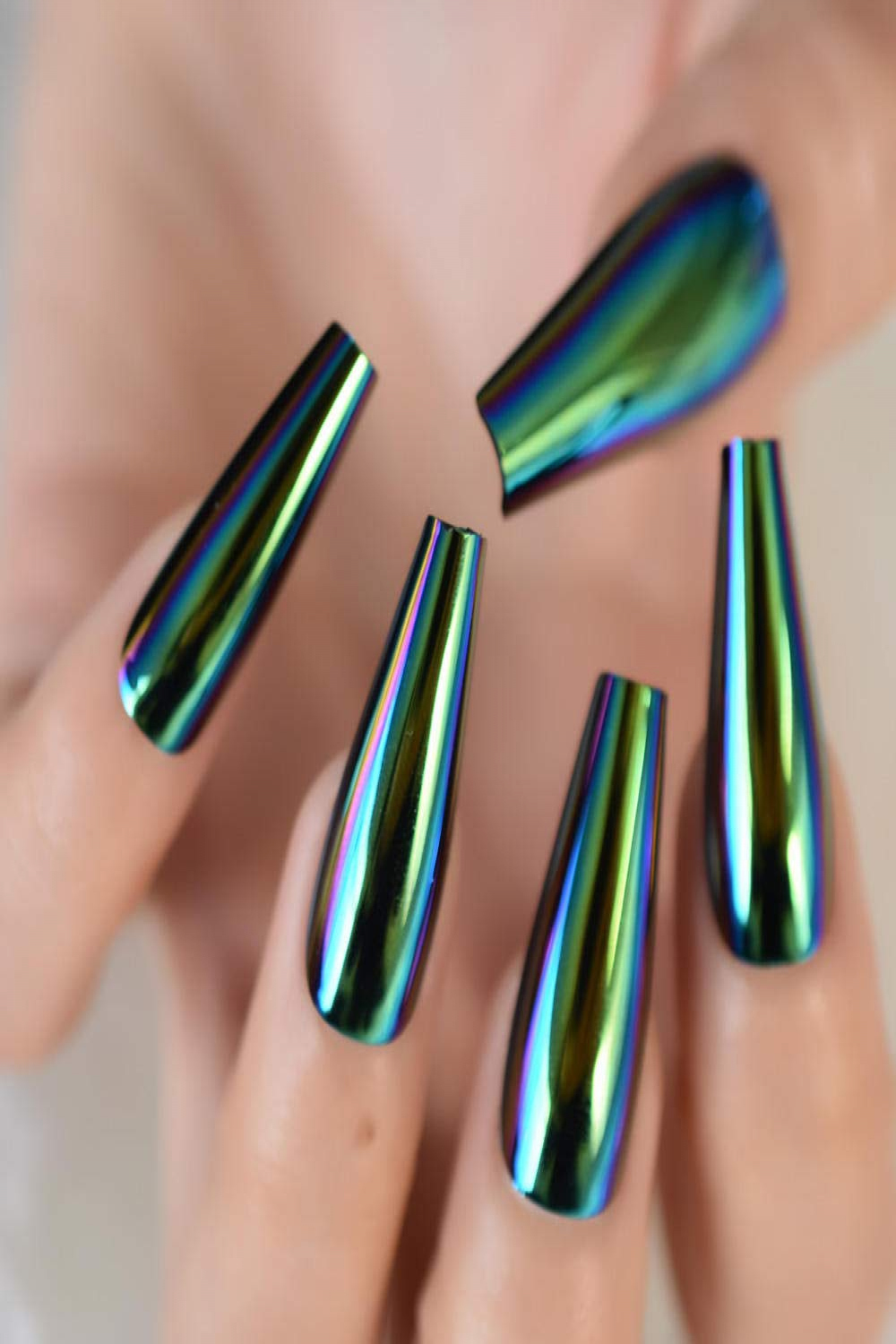 Chrome Green Mirror False Nails Holographic Metallic Extra Long Tapered  Coffin Faux Tips with Silicon Sticker