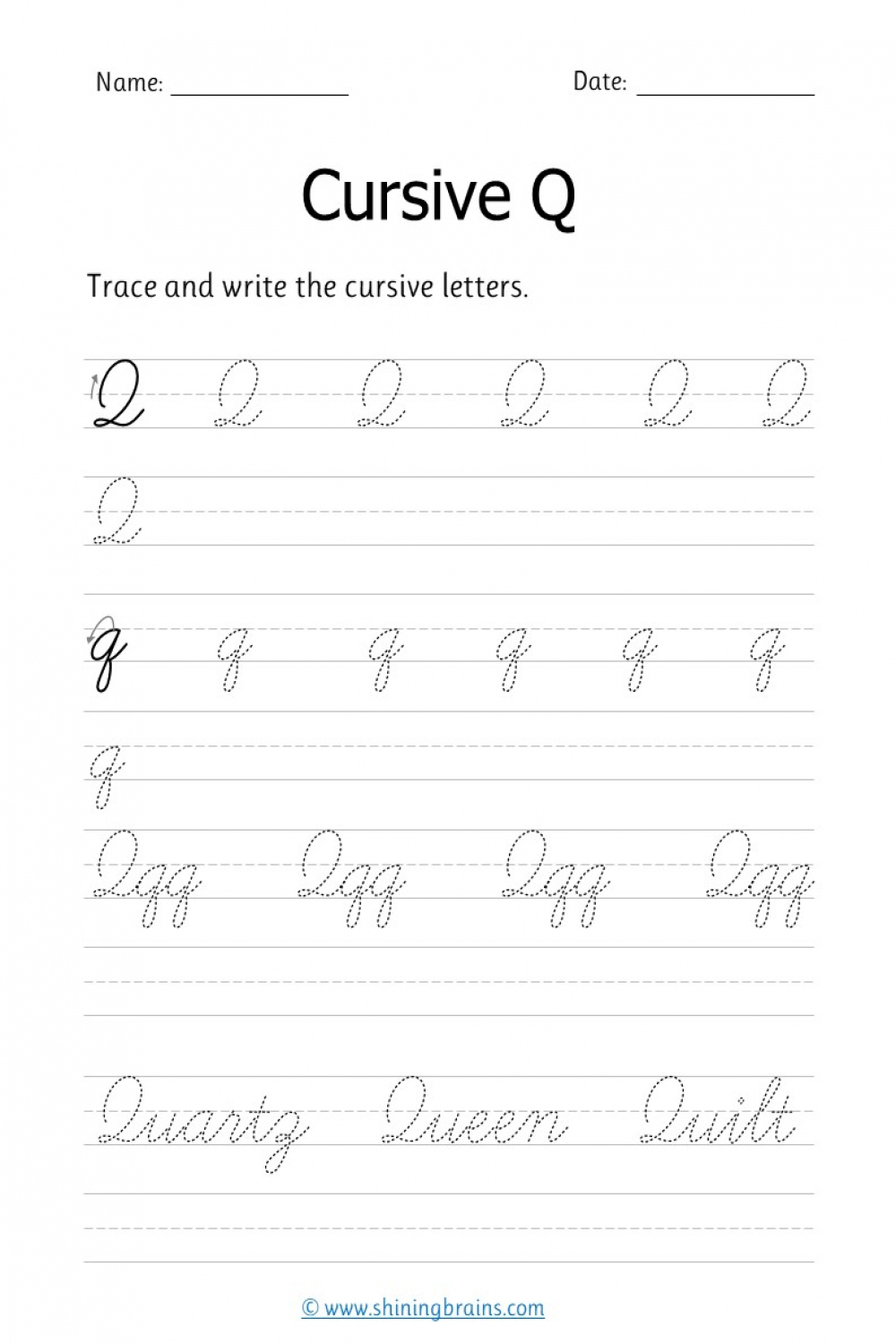 Cursive q - Free cursive writing worksheet for small and capital q