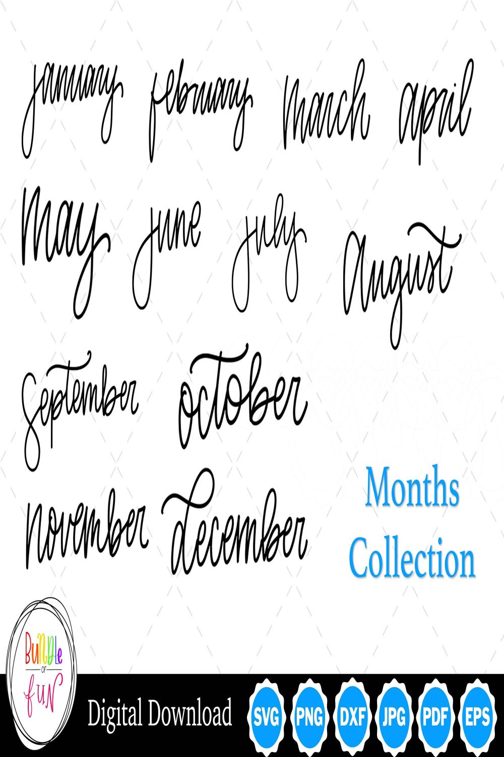 Cursive Script Months Silhouettes Clip Art  Months SVG Months PNG  Months  Cut Files Vector Image Cut Files, Instant Digital Download