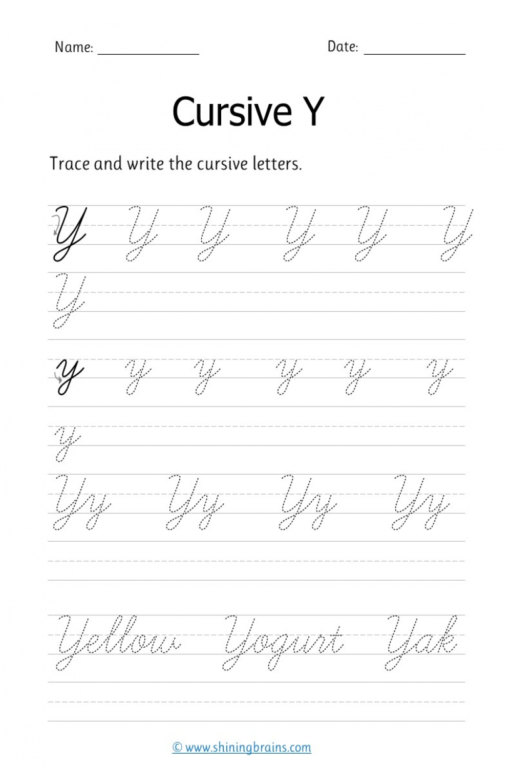 Cursive y - Free cursive writing worksheet for small and capital y