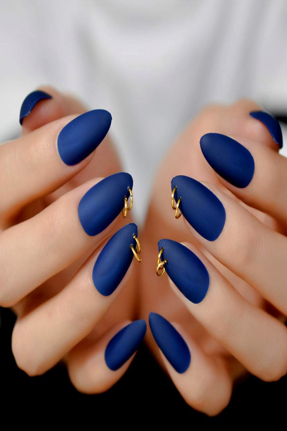 EchiQ Gold Matte Dark Blue Stiletto Artificial Nails Oval Almond