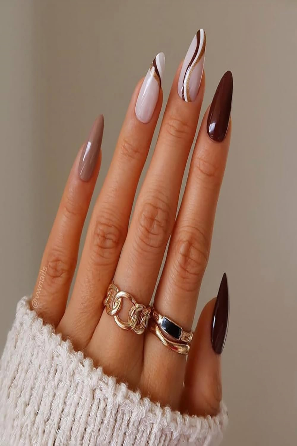 Fall Press on Nails Almond Medium Fake Nails Three Color Lines Designs Full  Cover Milk White and Brown False Nails with Autumn and Winter Stick on