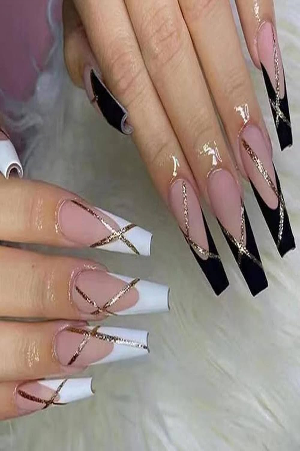 French Tip Press on Nails Extra Long Coffin Acrylic Fake Nails Black White  Glue on Nails with Gold Line Design Full Cover False Nails Glossy