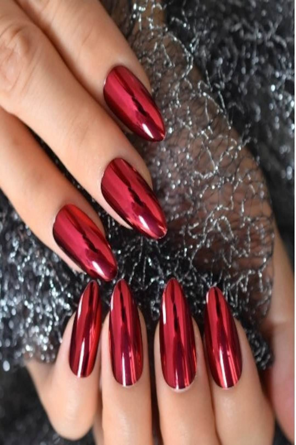 Glue On Press On Nails Medium-Long Almond Red Chrome - Etsy