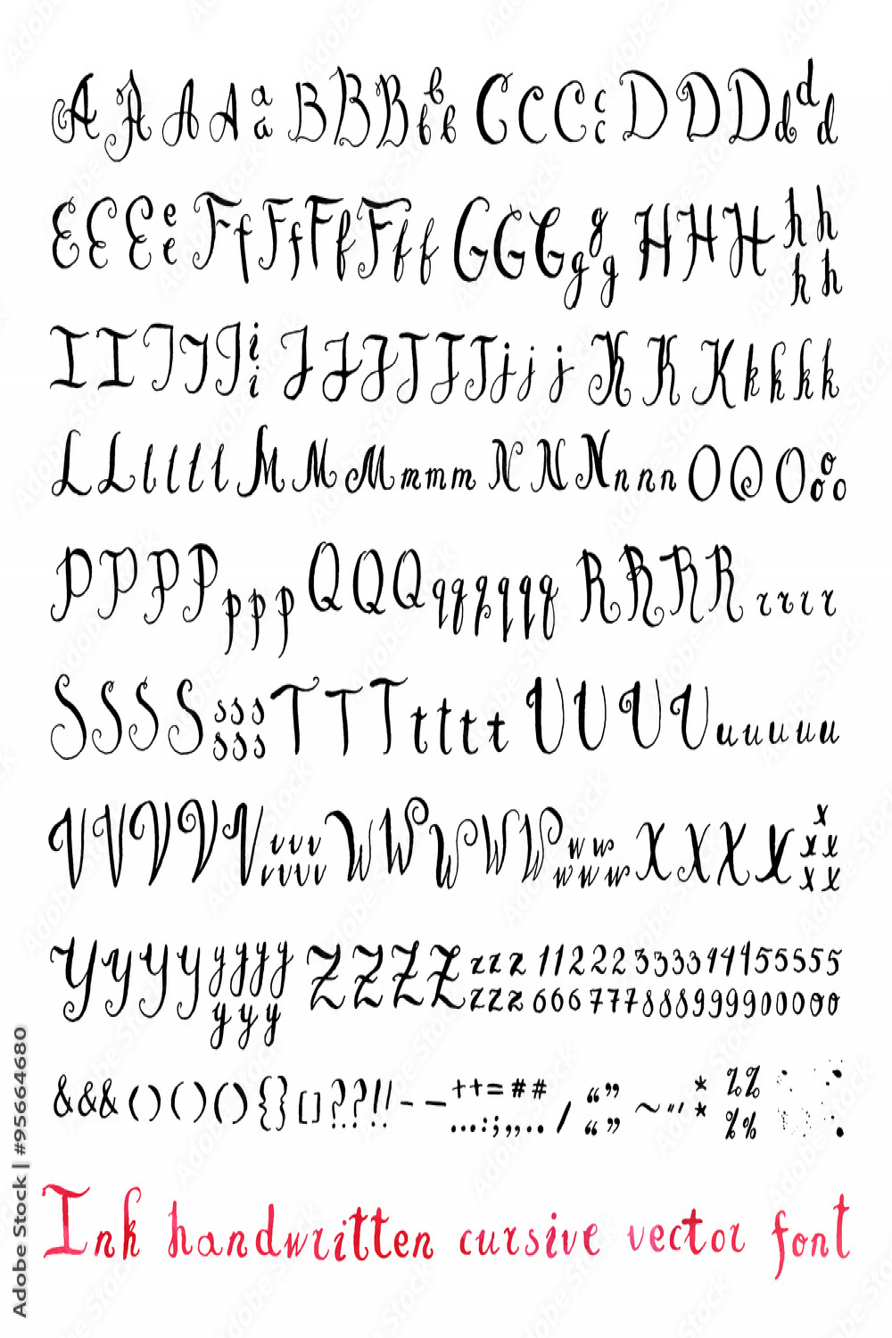 Handwritten vintage ink cursive vector alphabet (font) with