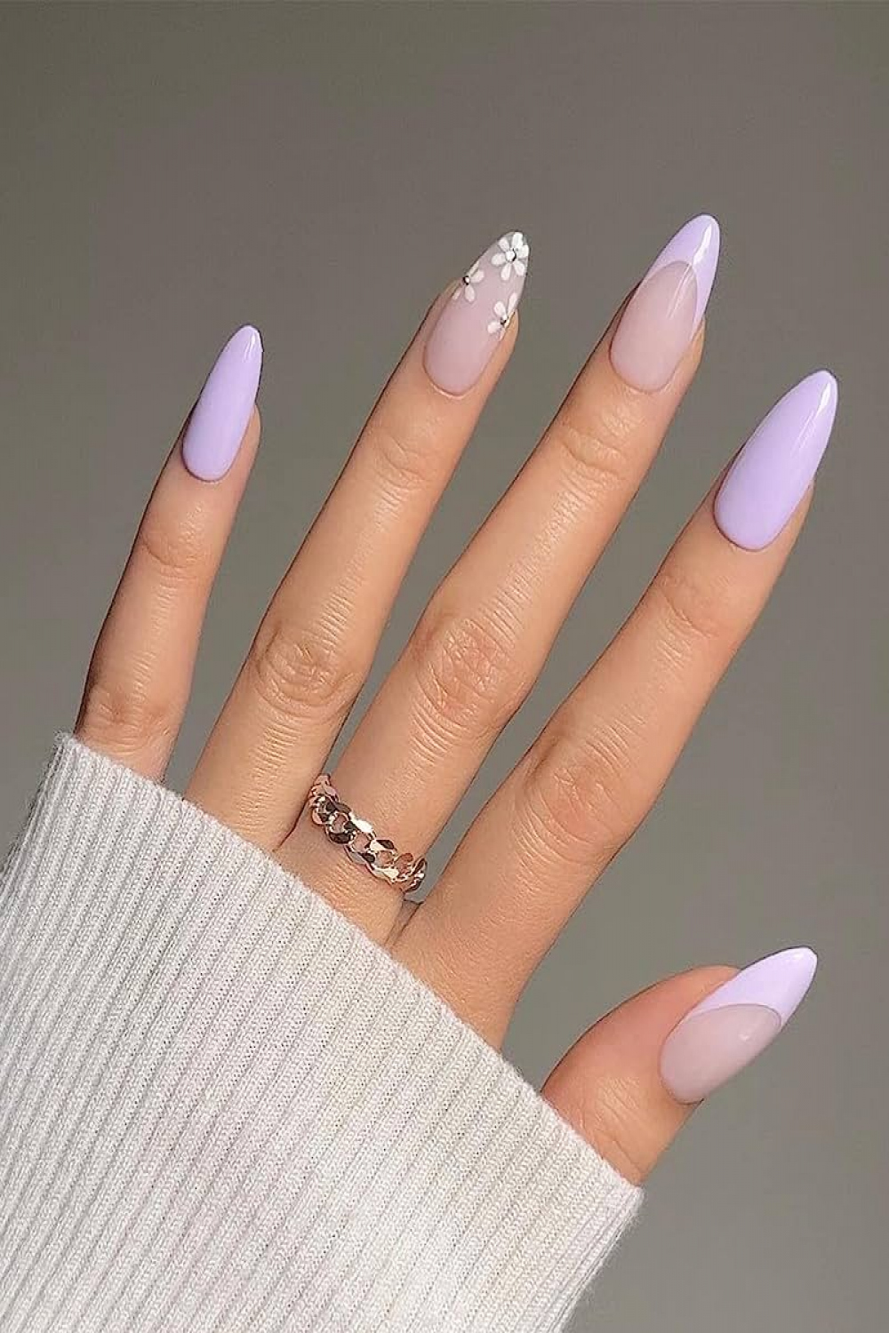 LADYING  Pcs Purple Almond False Nails Short, Medium Press on Nails with  Flower French Designs, Stick on Nails for Women, Acrylic Fake Nails Oval