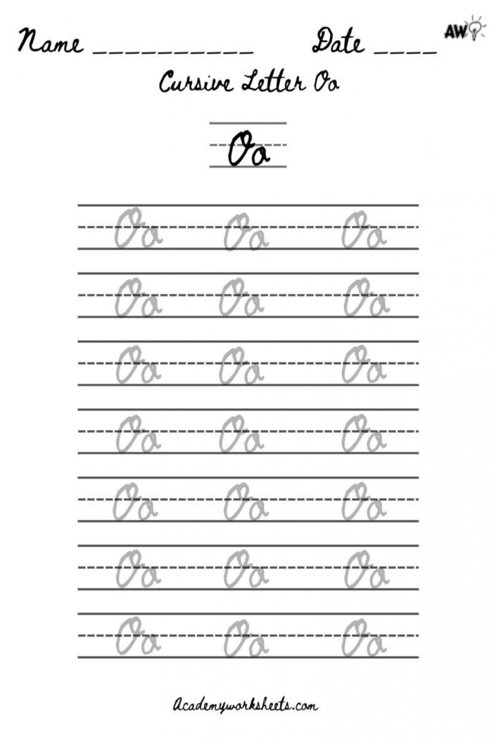 Learn Cursive O in  Easy Steps - Academy Worksheets