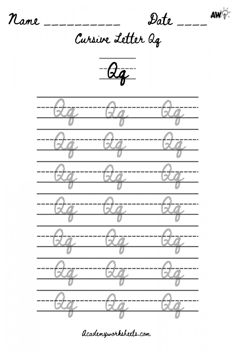 Master How to Write Q in Cursive Writing - Academy Worksheets