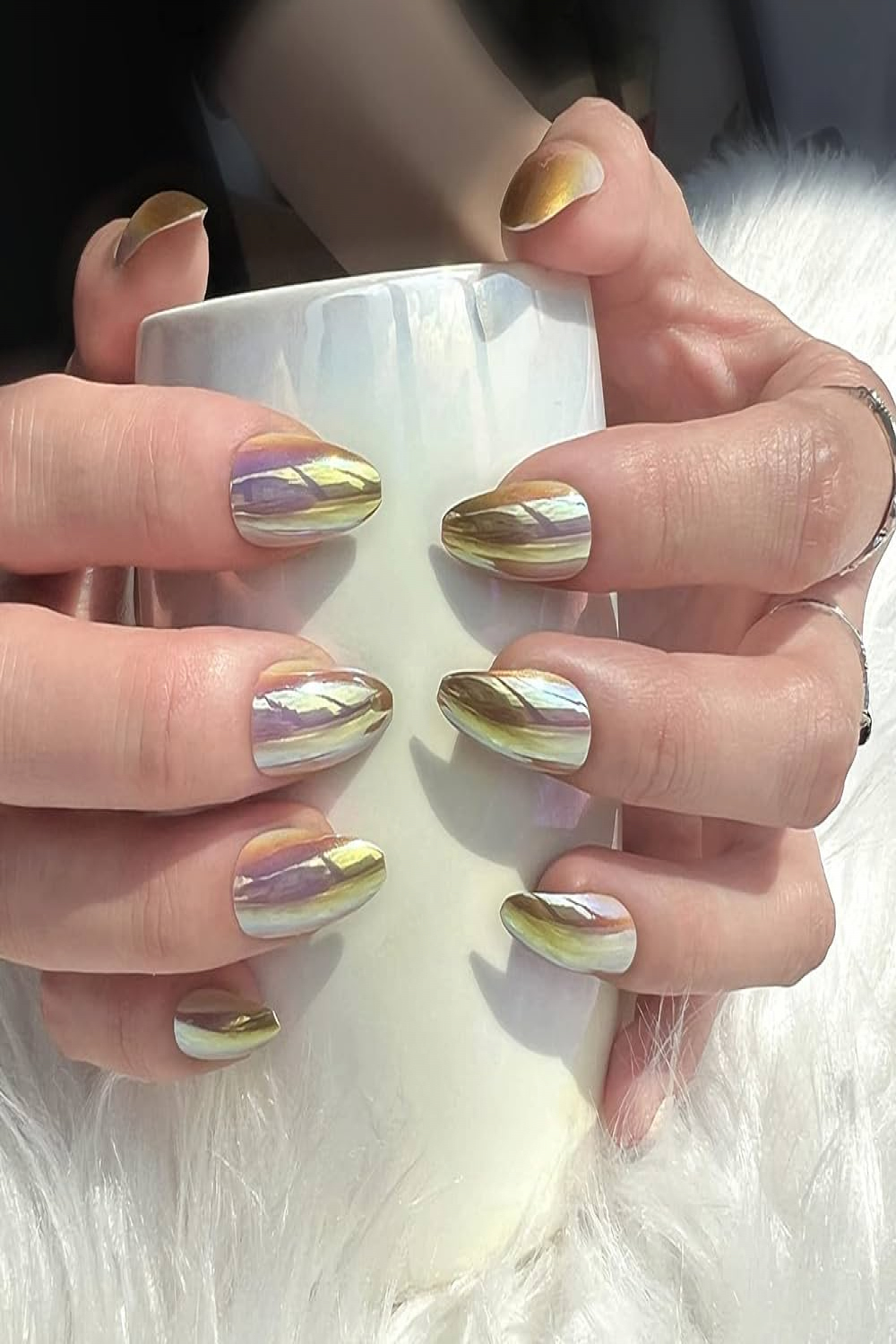 MERVF Press on Nails Medium Almond Fake Nails Metallic Stiletto Acrylic  Nails with Mirror Design pcs Yellow Chrome Glossy Glue on Nails for Women