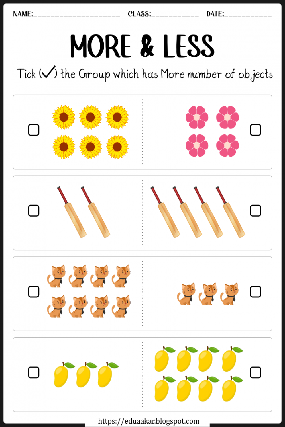 More and Less worksheets for Preschool and Kindergarten kids in