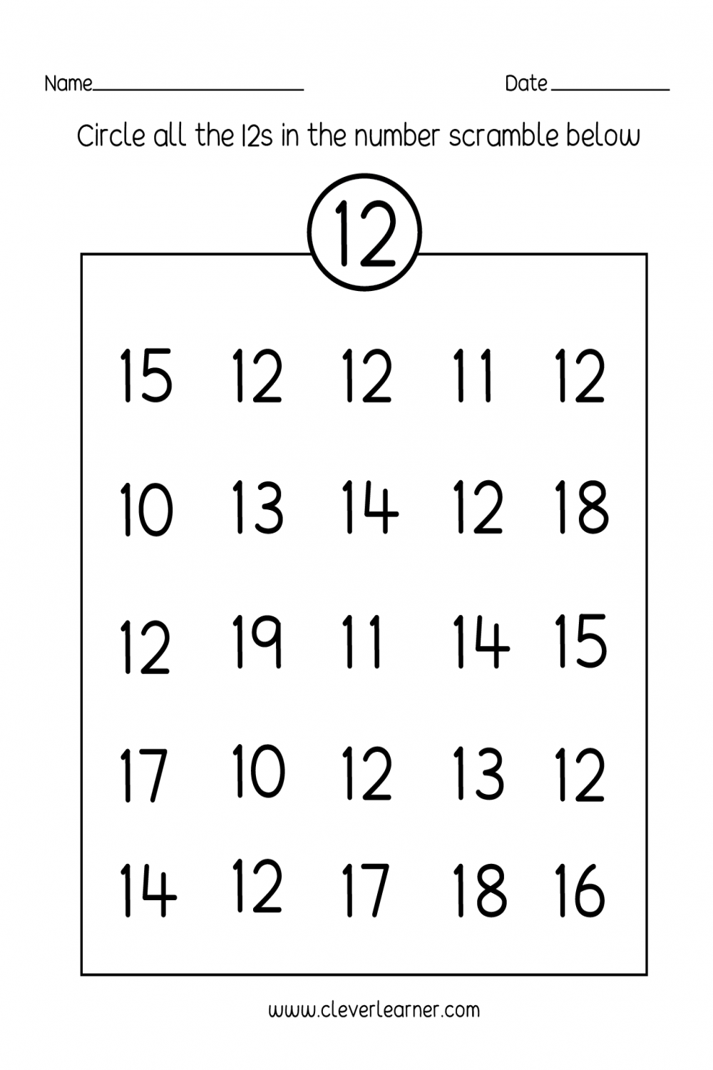 Number twelve writing, counting and identification printable