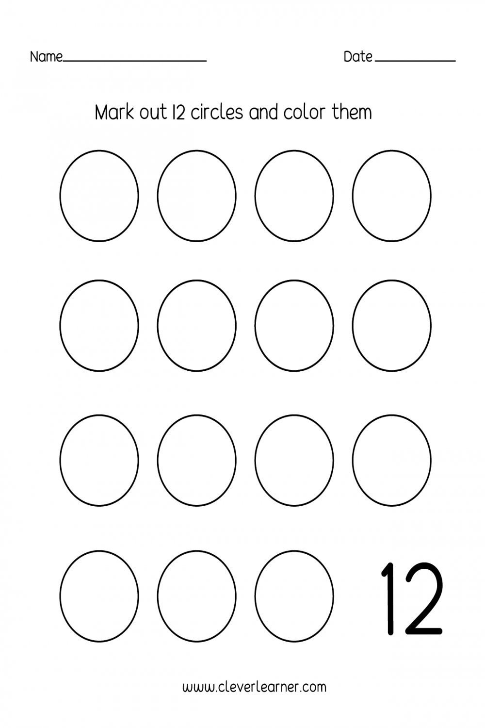 Number twelve writing, counting and identification printable