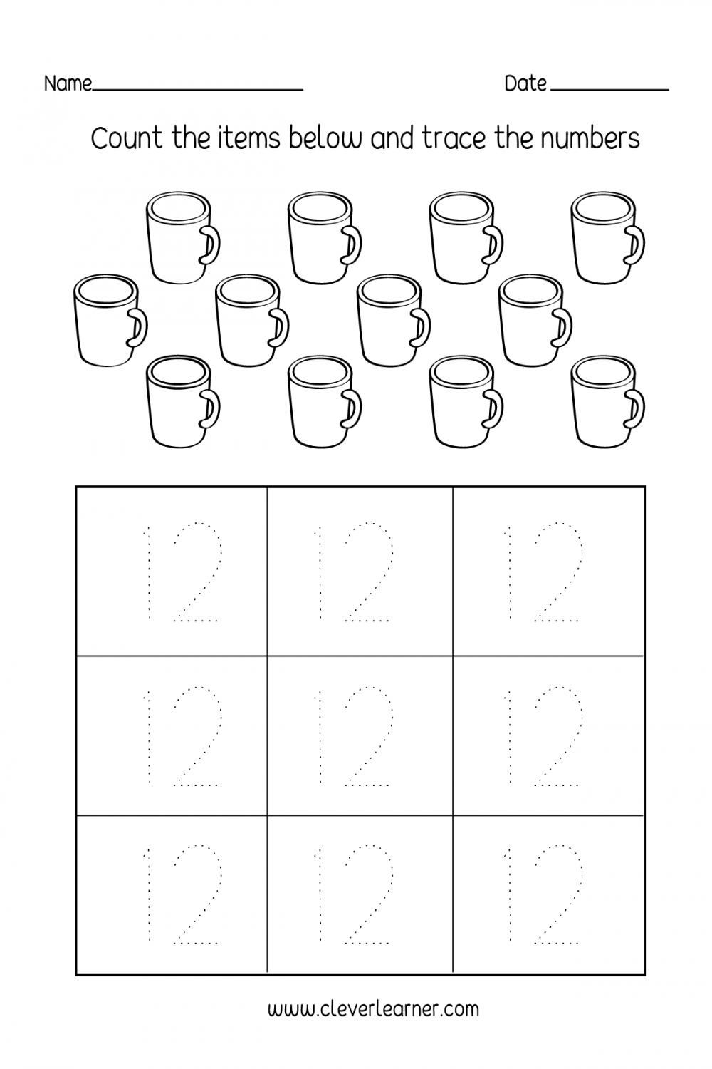 Number twelve writing, counting and identification printable