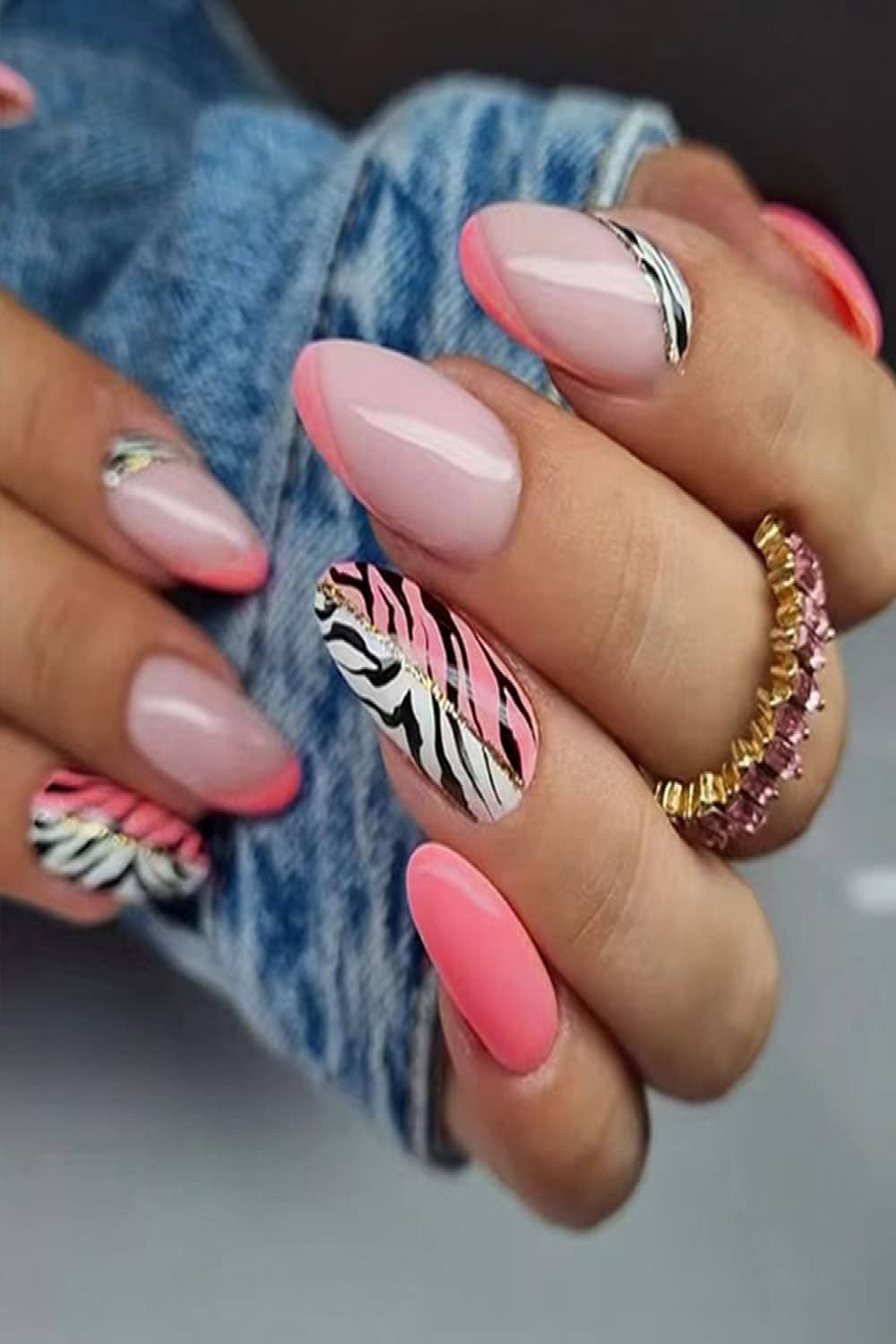 Pcs Press on Nails Almond Medium Fake Nails Acrylic Ballet French Tip  Nails Pink Zebra Pattern Nail Design Acrylic Nails Full Cover Nail Tips