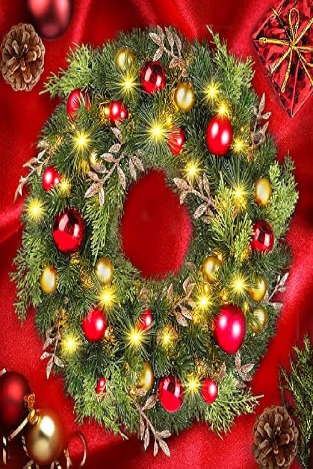 Quntis  Inch  LED Lighted Christmas Wreath - Christmas Door Wreaths  Decorated with Red Gold Ball Ornaments, Artificial Xmas Wreath for Holiday