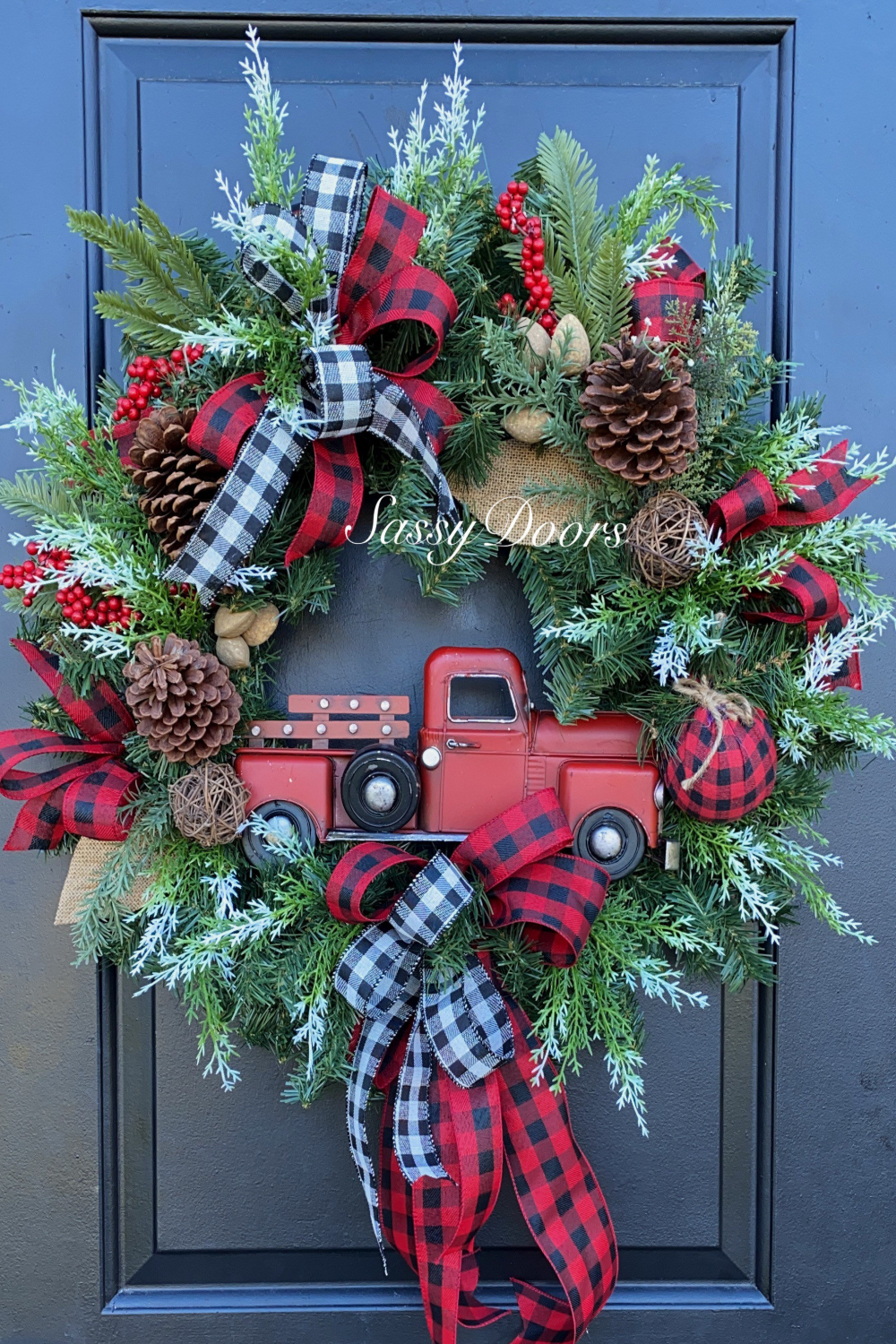 Red Truck Christmas Wreath , Buffalo Plaid Truck Wreath, Red Truck