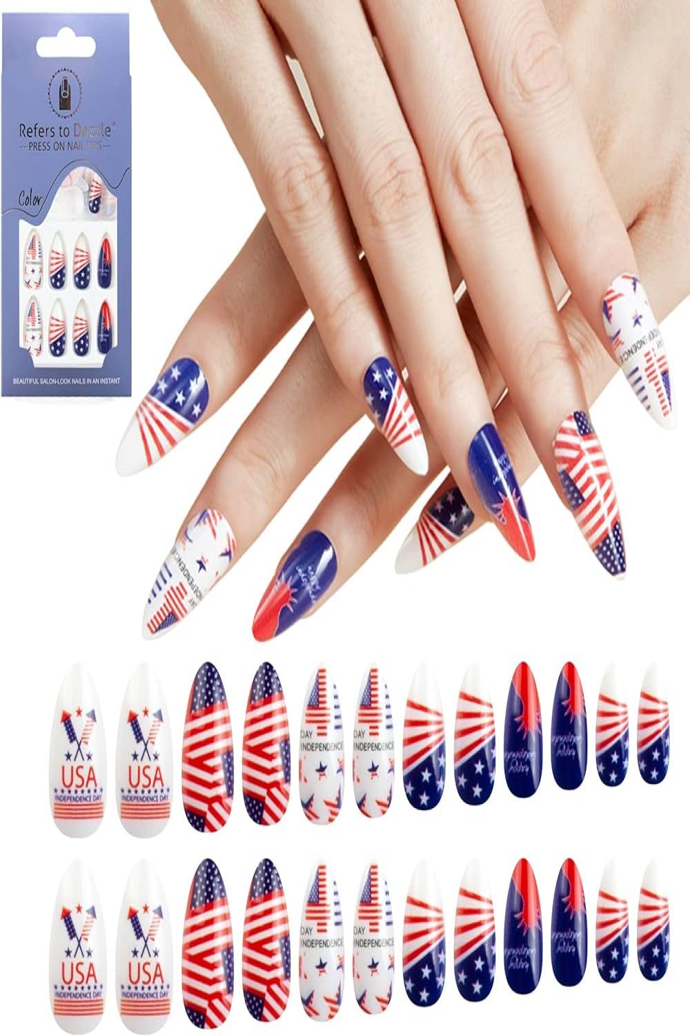 Refers to Dazzle Pcs th of July Almond Press on Nails Independence Day  Almond Nail Tips Acrylic Fake Nails Art Manicure Decoration for Memorial Day